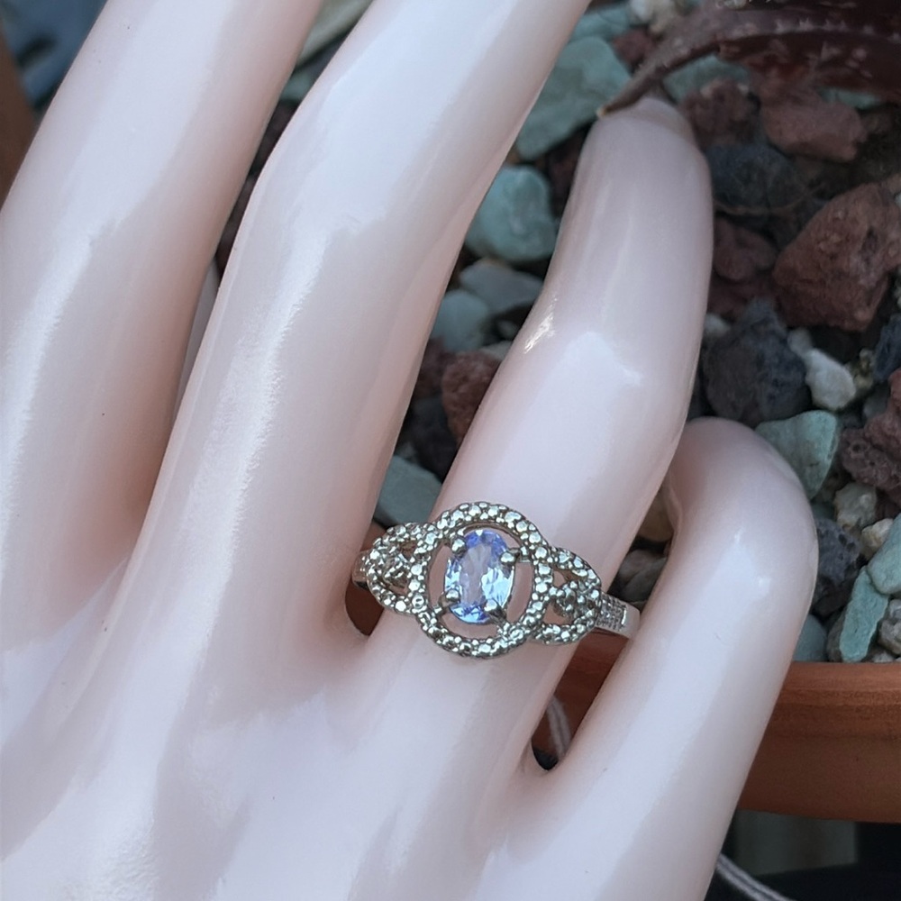Genuine Oval Tanzanite & Diamond Ring Halo Solitaire Sterling Silver Size 8
